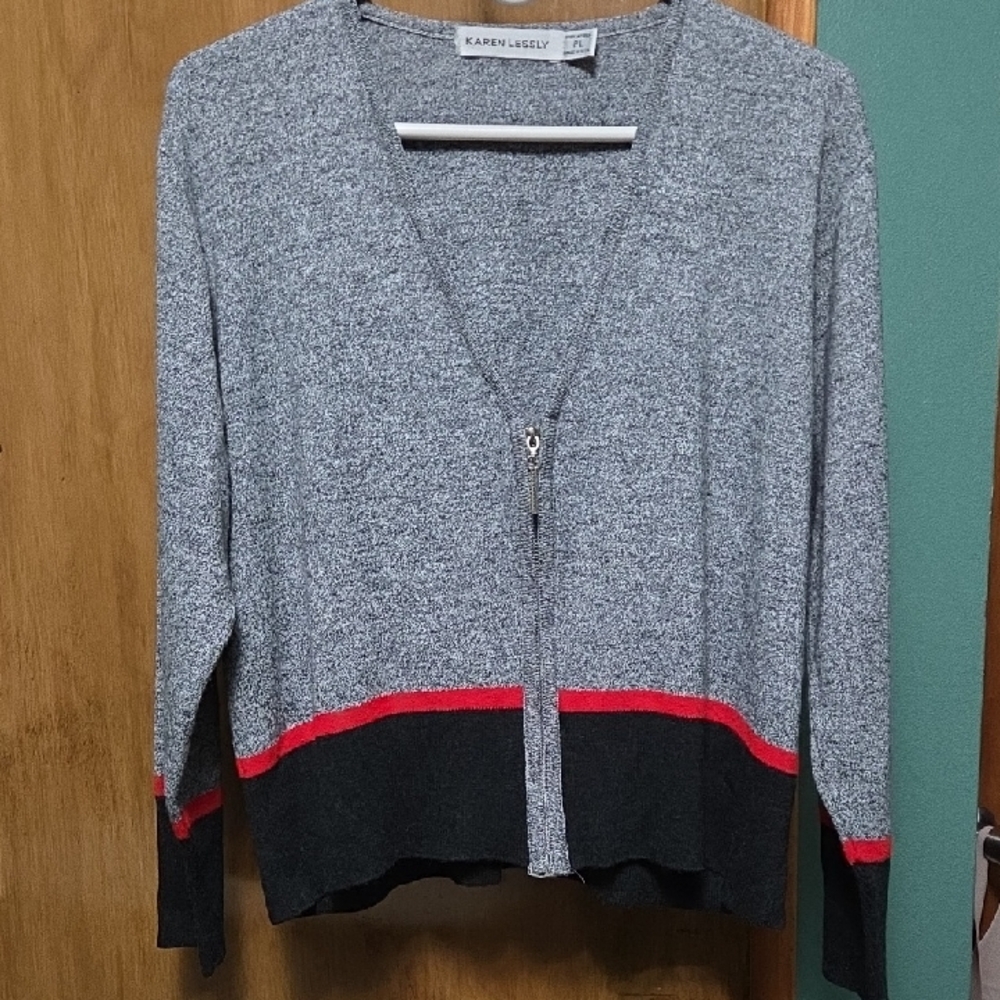 **2 for $10** Gray Zip-Front Cardigan with Red Accent